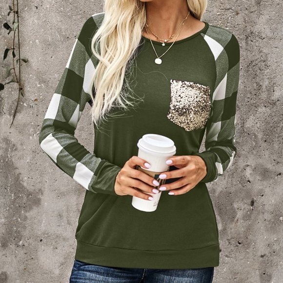 Tops - NEW! Green White Buffalo Check Sleeve Shirt Sequin